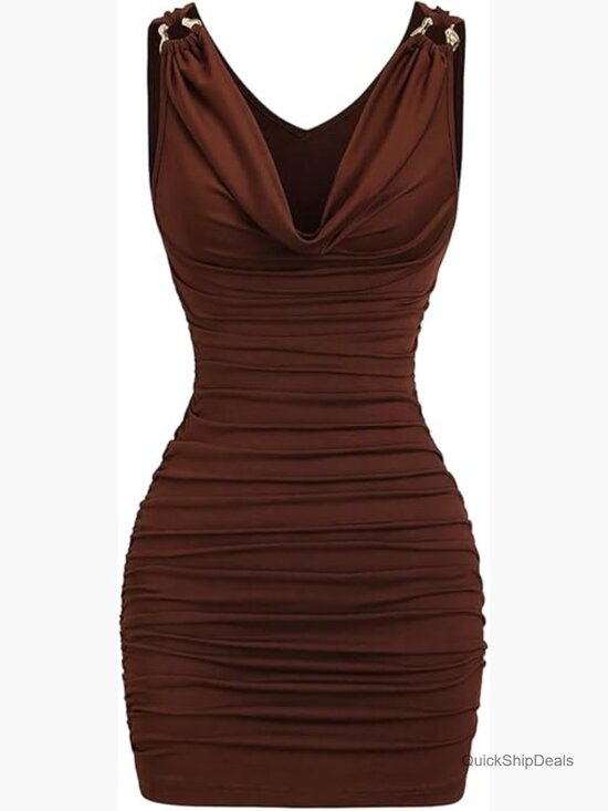 Dresses & Skirts - V Neck Draped Mini Dress Ruched Sleeveless Bodycon Party Cocktail Dress